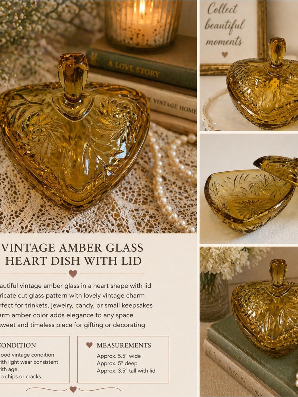 Vintage Amber Glass Heart Dish with Lid - Amber